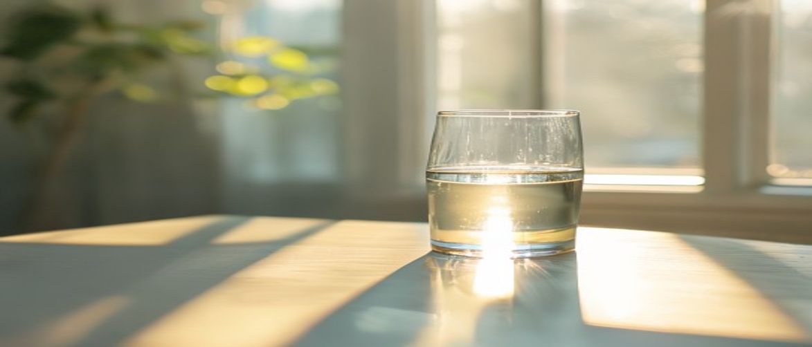 Sunlit water glass with morning light streaming through