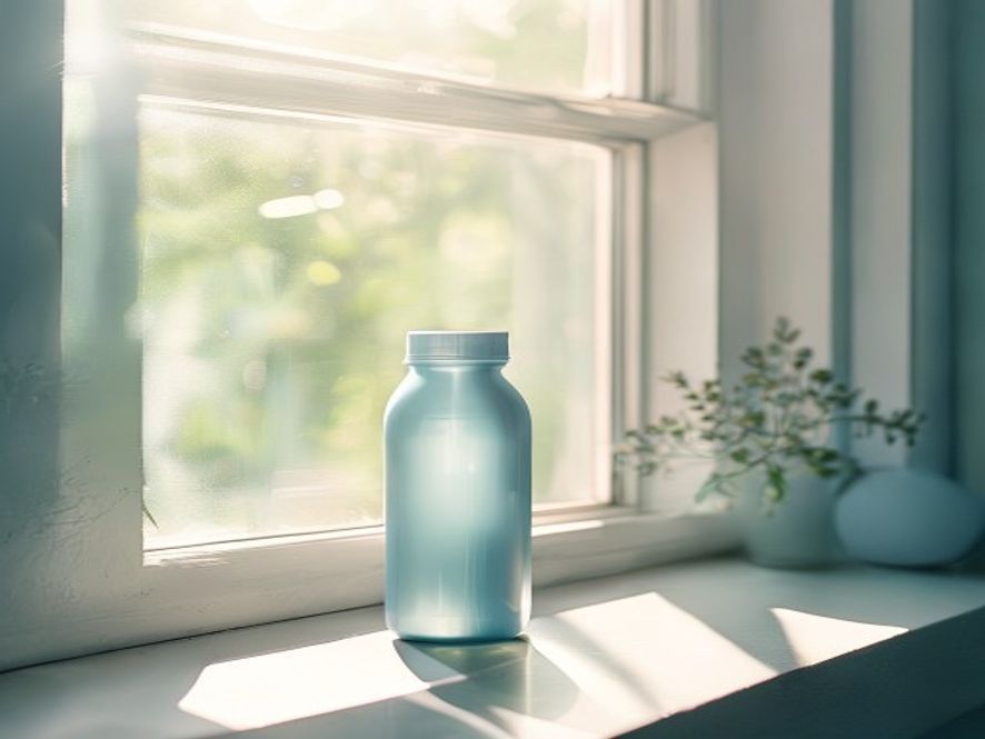 Water bottle by a sunny window with natural light